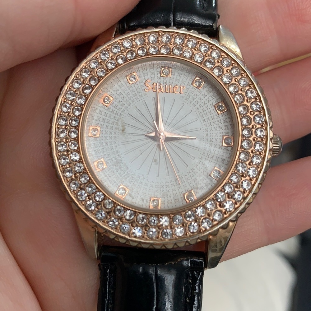 Stauer Sirene Analog Stainless Steel Rose Gold CZ Leather Adjustable strap Watch - Picture 3 of 13